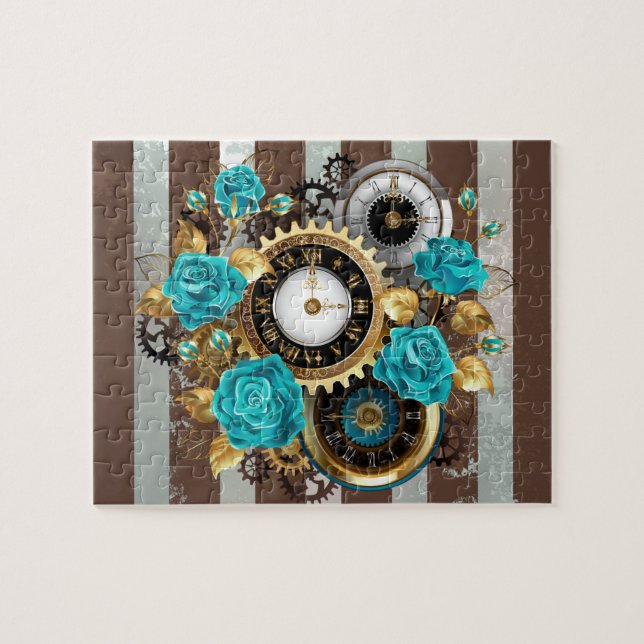 Steampunk Clock and Turquoise Roses on Striped Jigsaw Puzzle (Horizontal)