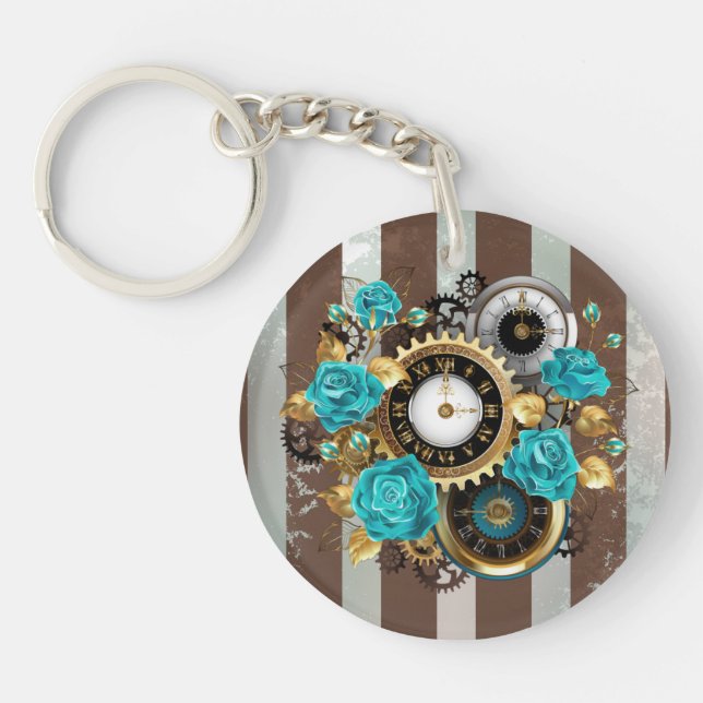 Steampunk Clock and Turquoise Roses on Striped Key Ring (Front)
