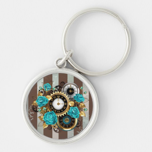 Steampunk Clock and Turquoise Roses on Striped Key Ring (Front)