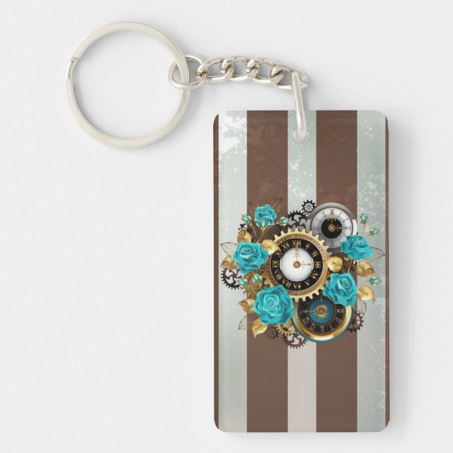 Steampunk Clock and Turquoise Roses on Striped Key Ring (Front)
