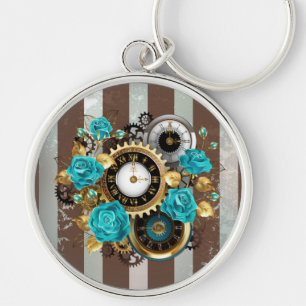 Steampunk Clock and Turquoise Roses on Striped Key Ring