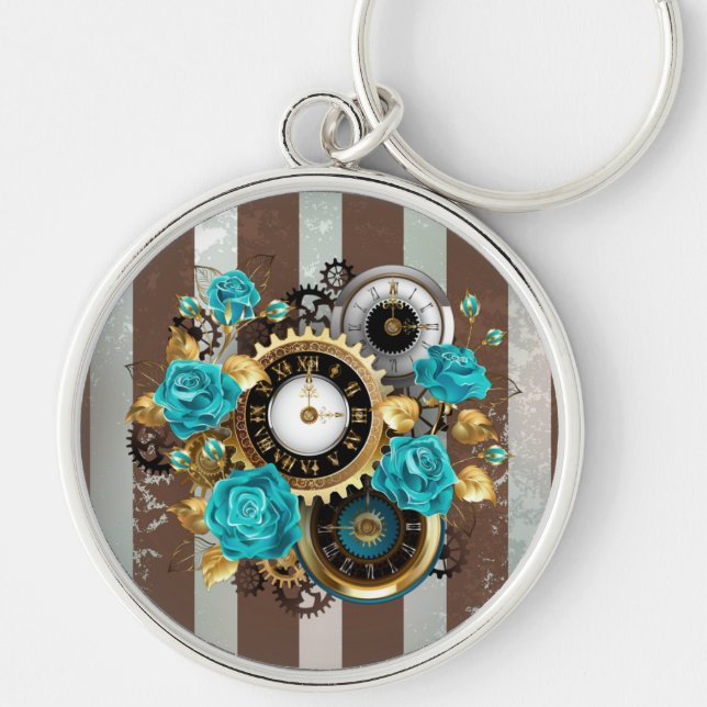 Steampunk Clock and Turquoise Roses on Striped Key Ring (Front)