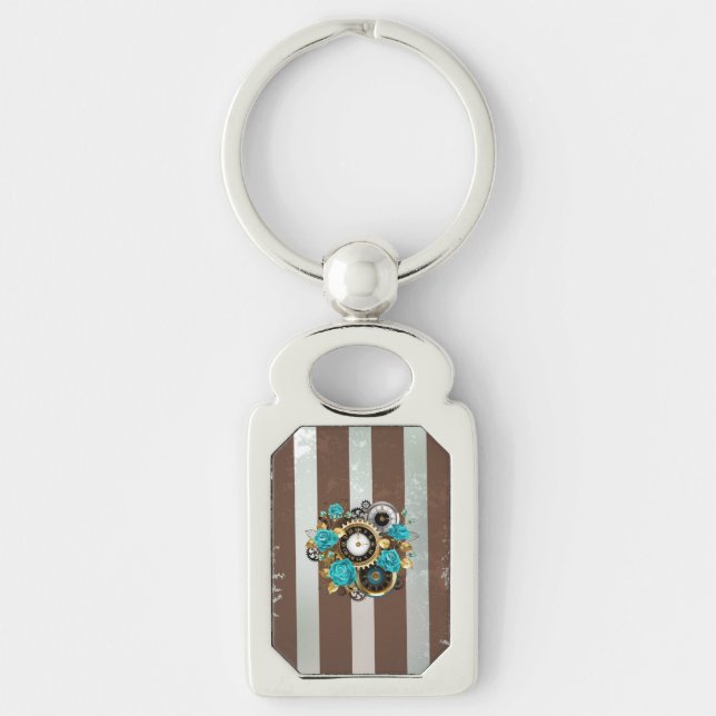 Steampunk Clock and Turquoise Roses on Striped Key Ring (Front)