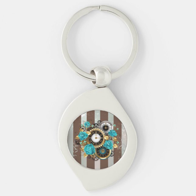 Steampunk Clock and Turquoise Roses on Striped Key Ring (Front)