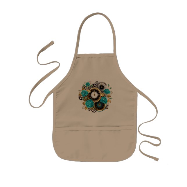 Steampunk Clock and Turquoise Roses on Striped Kids Apron (Front)