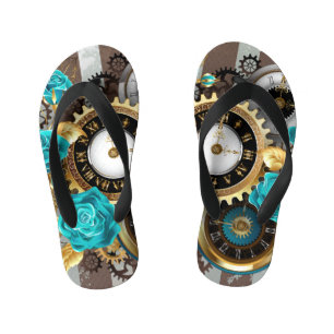 Steampunk Clock and Turquoise Roses on Striped Kid's Flip Flops