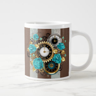 Steampunk Clock and Turquoise Roses on Striped Large Coffee Mug