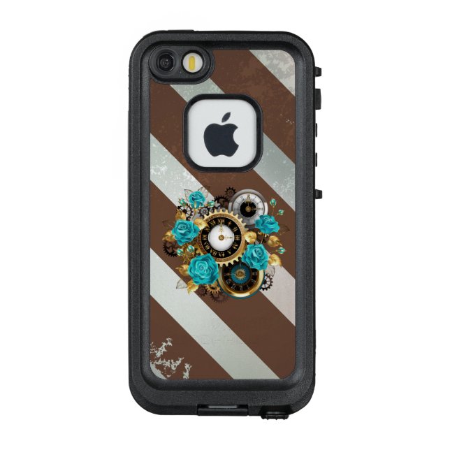 Steampunk Clock and Turquoise Roses on Striped LifeProof iPhone Case (Back)