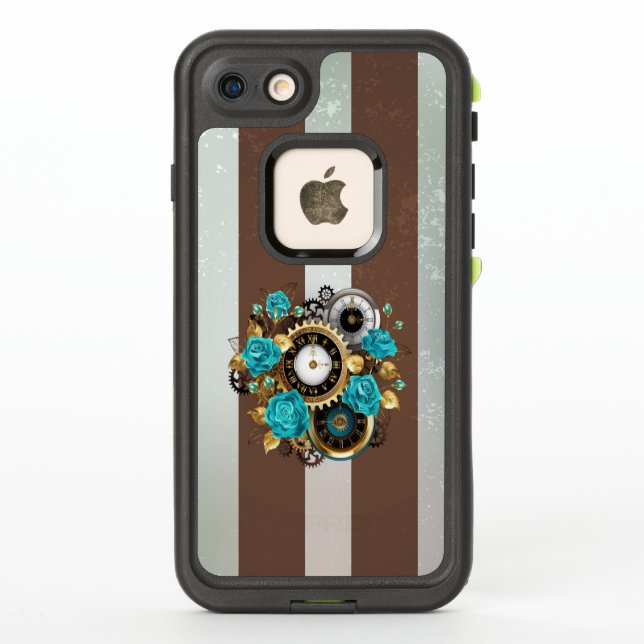 Steampunk Clock and Turquoise Roses on Striped LifeProof iPhone Case (Back)