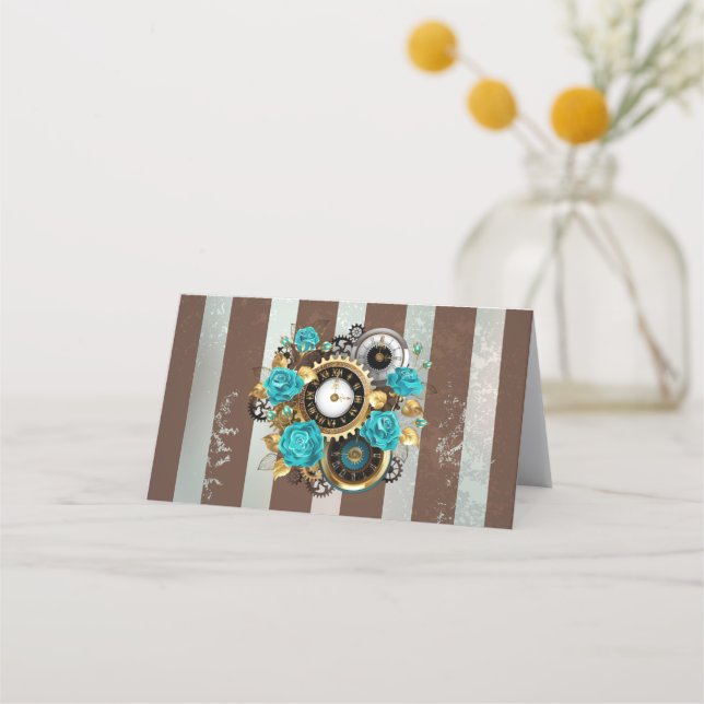 Steampunk Clock and Turquoise Roses on Striped Loyalty Card (Front)