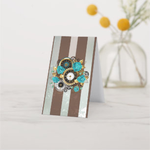 Steampunk Clock and Turquoise Roses on Striped Loyalty Card