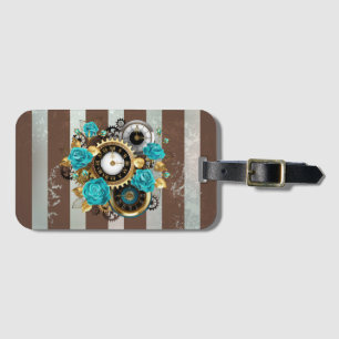 Steampunk Clock and Turquoise Roses on Striped Luggage Tag
