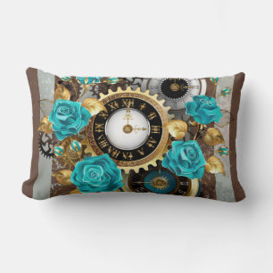 Steampunk Clock and Turquoise Roses on Striped Lumbar Cushion