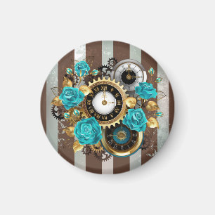 Steampunk Clock and Turquoise Roses on Striped Magnet