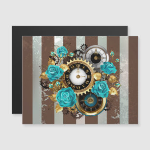 Steampunk Clock and Turquoise Roses on Striped Magnetic Invitation