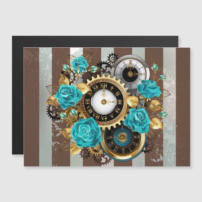 Steampunk Clock and Turquoise Roses on Striped Magnetic Invitation (Front/Back)