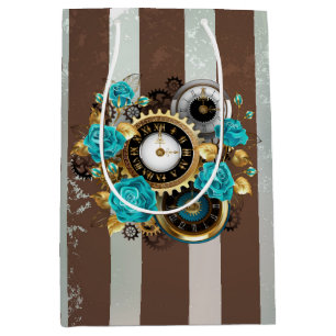 Steampunk Clock and Turquoise Roses on Striped Medium Gift Bag