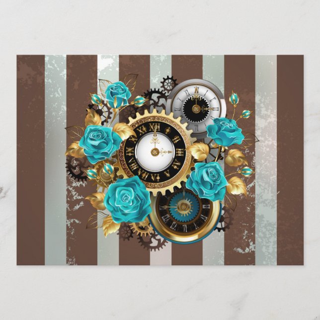 Steampunk Clock and Turquoise Roses on Striped Menu (Front)
