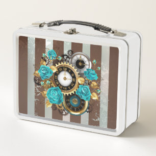 Steampunk Clock and Turquoise Roses on Striped Metal Lunch Box