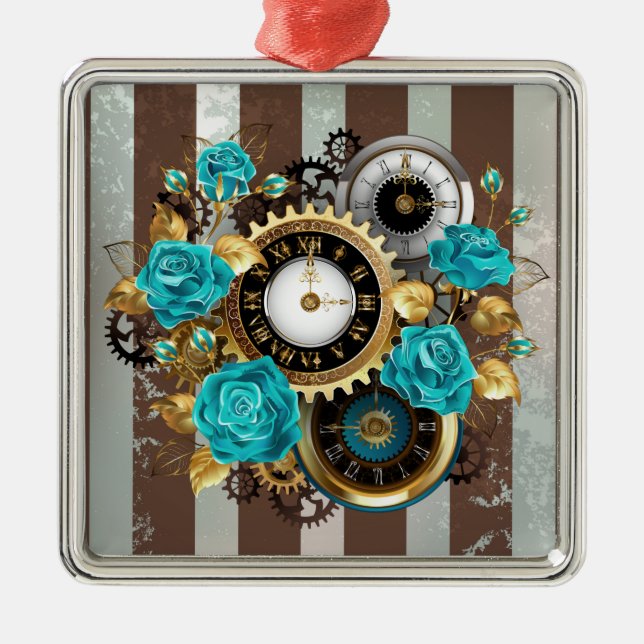 Steampunk Clock and Turquoise Roses on Striped Metal Tree Decoration (Front)