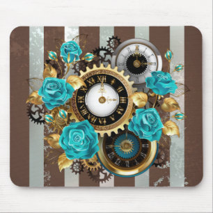 Steampunk Clock and Turquoise Roses on Striped Mouse Mat
