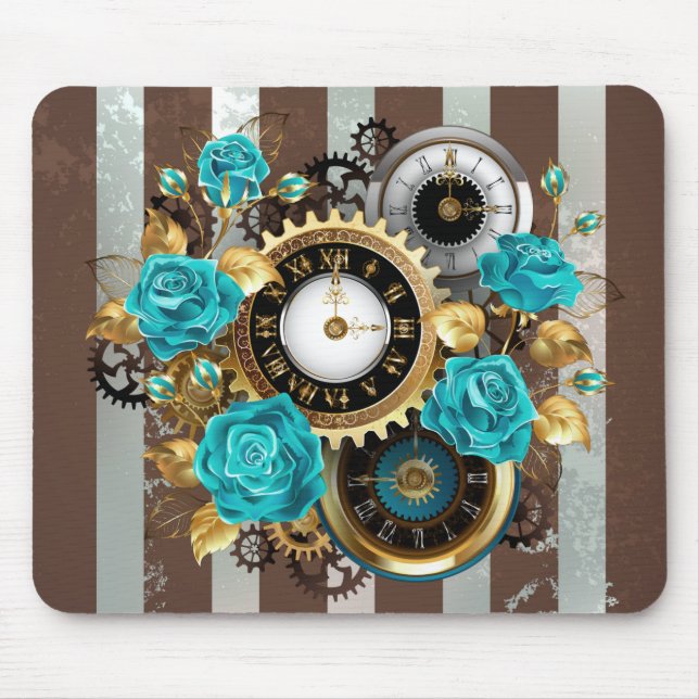 Steampunk Clock and Turquoise Roses on Striped Mouse Mat (Front)