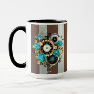 Steampunk Clock and Turquoise Roses on Striped Mug