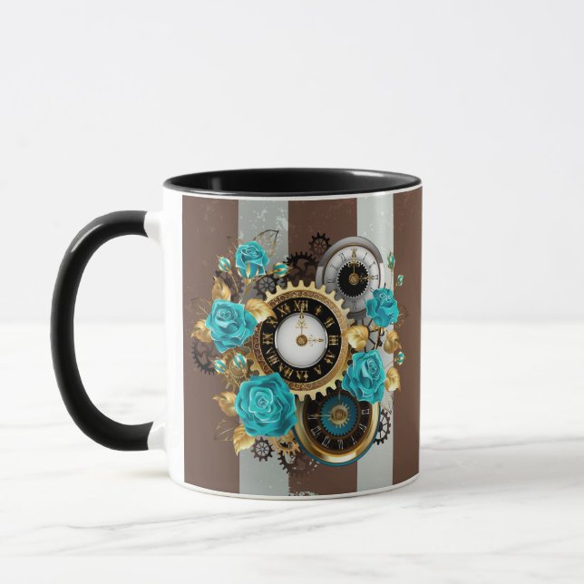 Steampunk Clock and Turquoise Roses on Striped Mug (Left)