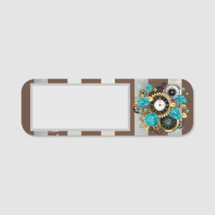 Steampunk Clock and Turquoise Roses on Striped Name Tag