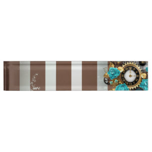Steampunk Clock and Turquoise Roses on Striped Nameplate