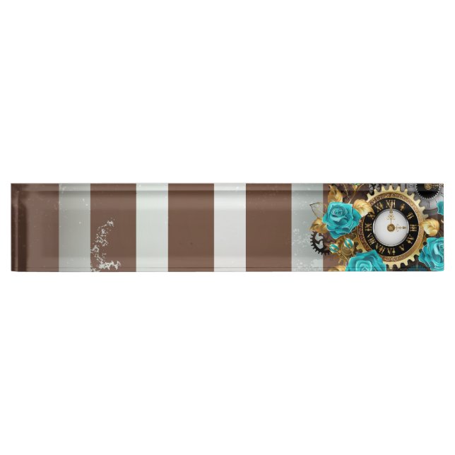 Steampunk Clock and Turquoise Roses on Striped Nameplate (Front)