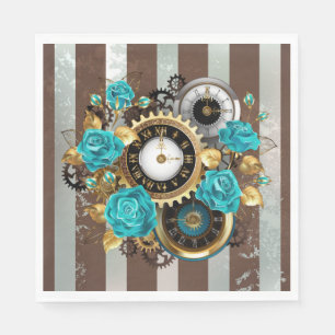 Steampunk Clock and Turquoise Roses on Striped Napkin