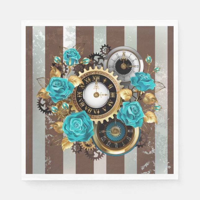 Steampunk Clock and Turquoise Roses on Striped Napkin (Front)