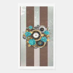 Steampunk Clock and Turquoise Roses on Striped Napkin