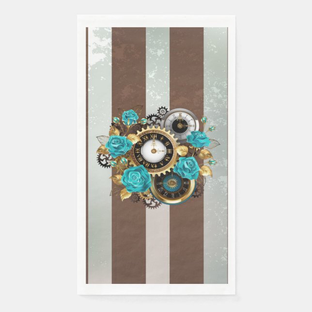Steampunk Clock and Turquoise Roses on Striped Napkin (Front)