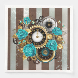 Steampunk Clock and Turquoise Roses on Striped Napkin