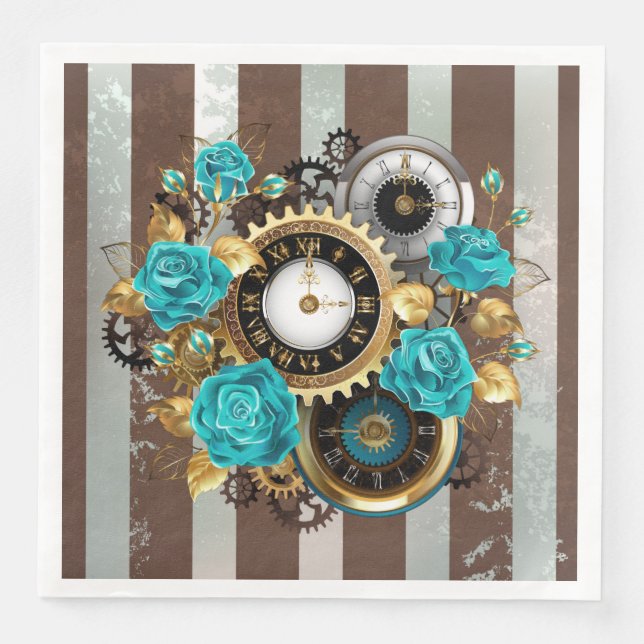 Steampunk Clock and Turquoise Roses on Striped Napkin (Front)