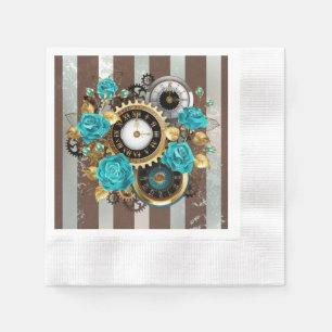 Steampunk Clock and Turquoise Roses on Striped Napkin