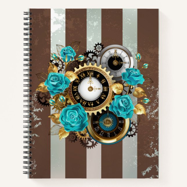 Steampunk Clock and Turquoise Roses on Striped Notebook (Front)