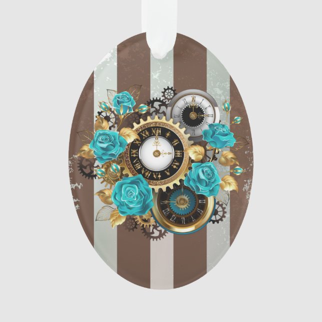 Steampunk Clock and Turquoise Roses on Striped Ornament (Front)