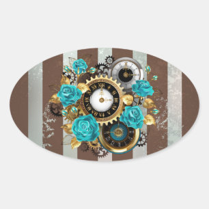 Steampunk Clock and Turquoise Roses on Striped Oval Sticker