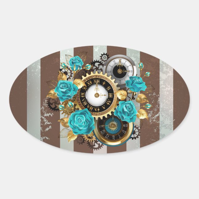 Steampunk Clock and Turquoise Roses on Striped Oval Sticker (Front)