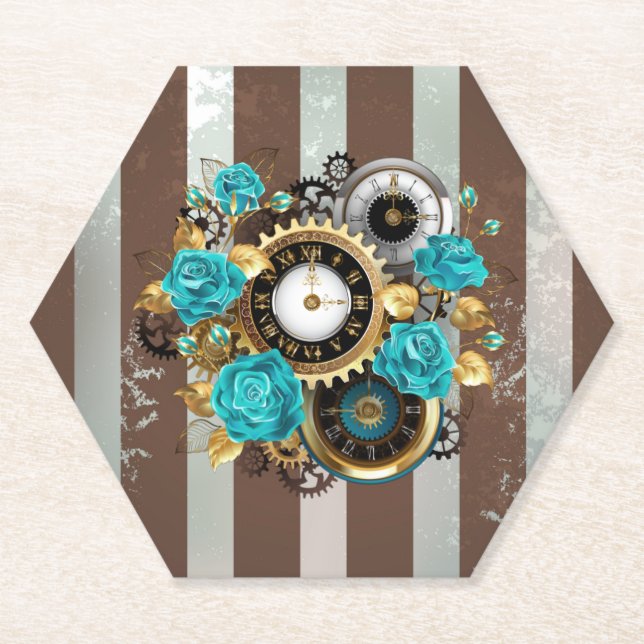 Steampunk Clock and Turquoise Roses on Striped Paper Coaster (Front)