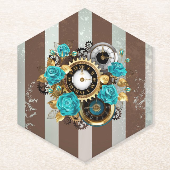 Steampunk Clock and Turquoise Roses on Striped Paper Coaster (Front)