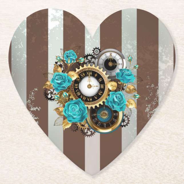 Steampunk Clock and Turquoise Roses on Striped Paper Coaster (Front)