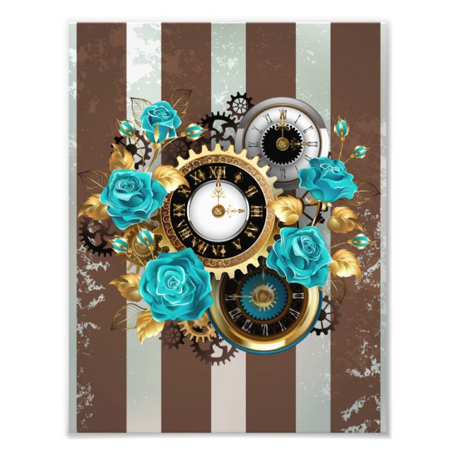 Steampunk Clock and Turquoise Roses on Striped Photo Print (Front)