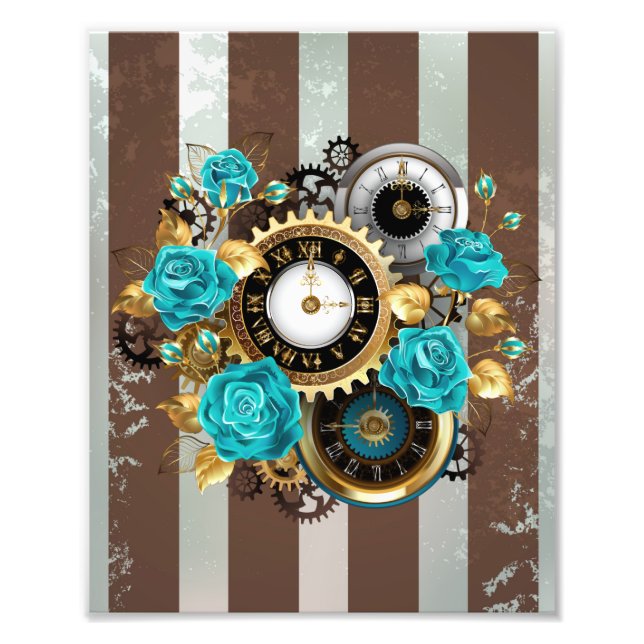 Steampunk Clock and Turquoise Roses on Striped Photo Print (Front)