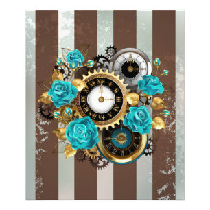 Steampunk Clock and Turquoise Roses on Striped Photo Print