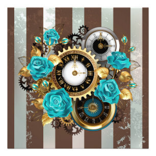 Steampunk Clock and Turquoise Roses on Striped Photo Print