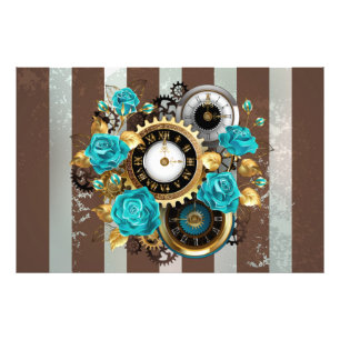 Steampunk Clock and Turquoise Roses on Striped Photo Print